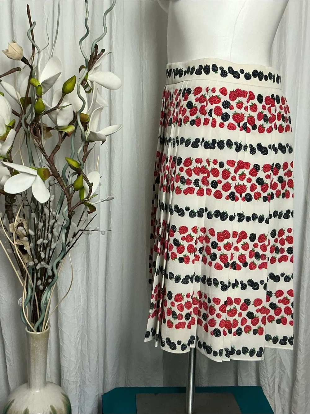 J. CREW CreamPleated Skirt with Red and Black Berry Stripe Print